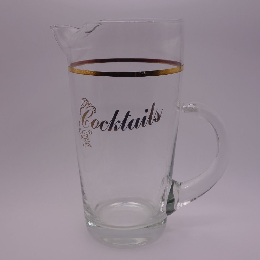 Small Glass Jug with Gold Trim and Handle Labelled "Cocktails"